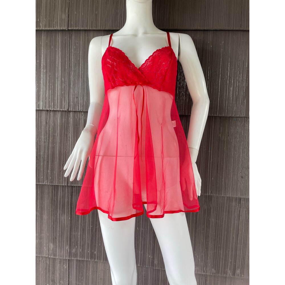 🔥VTG Petra Fashion Red Lipstick Sheer Lace Mesh Babydoll Y2K Coquette Boudoir